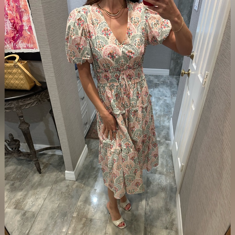 Entro Pink and Green Floral Midi Dress